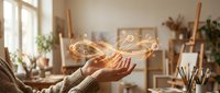Hands holding glowing digital infinity symbol in bright artist studio workspace with creative tools and plants representing endless possibilities and innovation.