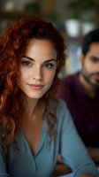 Young mixed-race woman with curly red hair smiling at camera in casual blue shirt with blurred male colleague in background at modern office workspace.