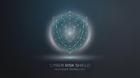 Cyber risk shield with glowing geometric network protection symbol on dark background for insurance technology and digital security concepts.