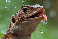 Reptile head close-up with water droplets on scaled skin, mouth open catching rain, isolated against blurred green background for wildlife and nature design projects.