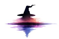 Mystical witch hat silhouette reflected in water with ethereal purple and pink watercolor effects, creating magical Halloween atmosphere on white background.