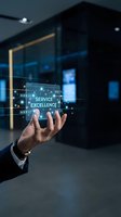 Male professional hand holding digital service excellence interface with star ratings in modern office lobby. Business quality assurance concept.