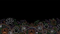 Halloween doodle border with pumpkins, ghosts, spiders and swirls on black background for seasonal decorations and party invitations.