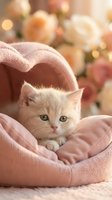 Adorable cream kitten with blue eyes nestled in soft pink knitted blanket with warm bokeh lights and roses in romantic background for cozy home decor.