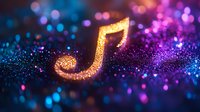Glowing golden musical note on dark background with colorful bokeh lights in blue and purple, magical sparkle effect creates dreamy atmosphere.