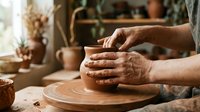 Skilled potter's hands shaping clay on spinning wheel in traditional ceramic workshop studio with earthenware pottery tools and natural lighting atmosphere.