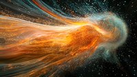Cosmic energy wave with glowing orange and turquoise particles flowing through dark space, creating dynamic motion trails and ethereal light streams in starry universe.