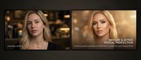 Young blonde woman with fair complexion in before and after portrait comparison showing skin enhancement and digital retouching effects for cosmetics and beauty product marketing.