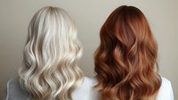 Platinum blonde and copper brown wavy hairstyles shown from behind on two women wearing white tops, demonstrating modern hair coloring techniques and styling.