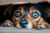 Close-up portrait of adorable brown and black dog with bright blue eyes peeking from under furniture, showing expressive sad puppy face and paws.