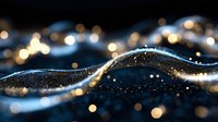 Flowing liquid metal waves with glowing particles and bokeh lights on dark background, suitable for tech, business, and abstract design projects.
