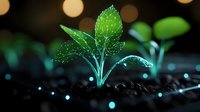 Young green seedling growing from soil with water drops and bokeh lights in background, representing growth, new beginnings and environmental care.