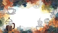 Coffee shop frame with hand-drawn brewing equipment and swirling steam patterns on watercolor background for cafe menu design and beverage branding materials.