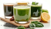 Fresh green and brown smoothies with spinach, chia seeds and citrus on wooden board, healthy detox drinks for weight loss and wellness program.