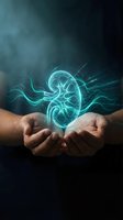 Hands holding glowing kidney hologram with energy waves for medical healthcare technology and organ donation awareness concepts.