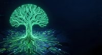 Digital tree with circuit board roots glowing green on dark background representing technology growth, artificial intelligence, and electronic nature fusion.