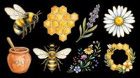 Watercolor bee clipart set with honeycomb, honey jar, daisy, lavender, and floral wreath, isolated on transparent background. Great for stickers, t-shirt design, print on demand.
