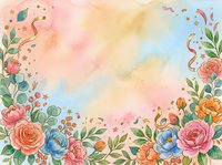 Watercolor floral frame with roses, peonies, and botanical elements on soft pastel background, suitable for wedding invitations, greeting cards, and design projects.