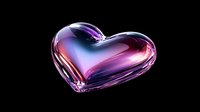 Glossy transparent heart shape with purple and pink gradient effect on black background, romantic symbol with glass-like surface and light reflections.