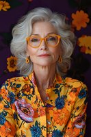 Elegant senior woman with silver hair wearing bright orange glasses and floral shirt poses confidently against dark floral background. Fashion portrait celebrating aging gracefully.