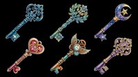 Six ornate fantasy keys with floral, steampunk, celestial, and heart designs, isolated on transparent background, ready for stickers, t-shirt design, and print on demand.