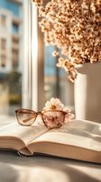 Sunlit open book with brown reading glasses and delicate pink flowers on windowsill, soft focus background with dried floral arrangement in white vase creates cozy atmosphere.