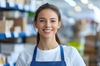 Young female retail worker in blue apron and white shirt smiling warmly at camera in store environment with blurred shelves and merchandise in background.