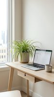 Modern home office workspace with laptop computer and spider plant on wooden desk by window for remote work and productivity.