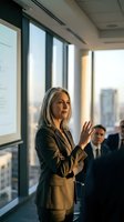Confident mature businesswoman presenting to colleagues in modern office conference room with city skyline view during corporate meeting.