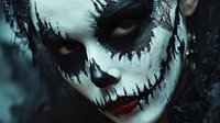 Skeletal skull makeup with white and black face paint, featuring dramatic eye sockets and stitched mouth design. Suitable for Halloween costumes, theatrical performances, and horror-themed projects.
