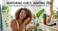 Happy mixed-race woman with curly hair applying cream in bathroom with plants. Natural hair care routine for textured curls and coils.