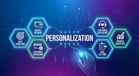 Digital personalization concept with hexagonal icons showing customer data analytics and targeted marketing strategies on futuristic blue purple background.