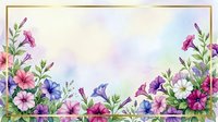 Watercolor floral frame with pink purple flowers and green leaves on soft pastel background for wedding invitations and greeting cards.