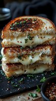 Stacked grilled cheese sandwich with melted mozzarella, toasted golden brown, garnished with fresh herbs and spices on dark slate background. Stretchy cheese pulls.