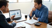 Two professional businessmen discussing financial data and charts on laptop during corporate meeting in modern office environment.