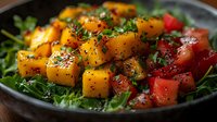 Roasted butternut squash cubes with fresh herbs and cherry tomatoes on arugula greens in rustic bowl for healthy vegetarian meal preparation and cooking.