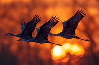 Silhouettes of three sandhill cranes flying against dramatic orange sunset sky, capturing wildlife in motion during migration season.