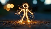 Glowing sparkler drawing stick figure on dark background with bokeh lights creates magical holiday atmosphere. For celebration and festive designs.