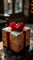 Elegant gift box wrapped in marble-pattern paper with luxurious red satin bow on dark marble surface, soft window light and bokeh creates festive atmosphere.
