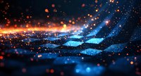Glowing blue and orange checkered surface with magical sparkles and bokeh lights creating mystical atmosphere against dark background. Abstract futuristic design.