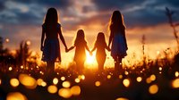 Silhouettes of four young girls holding hands in summer meadow at golden sunset with magical bokeh lights and wildflowers in foreground. Family sisterhood concept.