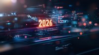 Glowing 2026 number in futuristic digital space with data streams, bokeh lights and technology grid background. Abstract cyber concept for business innovation.