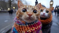 Two ginger cats wearing colorful knitted winter scarves outdoors in cold weather, close-up portrait with bokeh lights and urban background in evening.