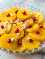 Fresh yellow peach slices arranged on crystal plate, garnished with bright red pomegranate seeds and white feta cheese crumbles, sprinkled with black pepper.