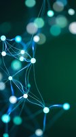 Abstract network connections with glowing nodes and lines on dark teal background for technology and digital communication concepts.