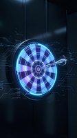 Glowing neon dartboard with blue and purple light rings and digital circuit patterns on dark background. Perfect for technology, gaming, and futuristic design projects.