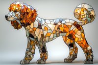 Stained glass mosaic style dog sculpture in orange and brown tones with geometric pattern pieces creating artistic depth and dimension on light background.
