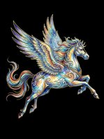 Ornate winged horse with decorative patterns in blue, gold, and purple tones, isolated on transparent background. Ready for t-shirts, stickers, clipart, and print-on-demand designs.