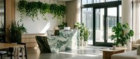 Modern biophilic office reception area with marble desk, hanging plants and natural lighting for corporate interior design and workspace concepts.