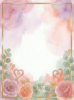 Watercolor floral frame with roses, eucalyptus leaves, and heart decorations on soft pink and gold background. Isolated design element suitable for invitations, greeting cards, and wedding stationery templates.